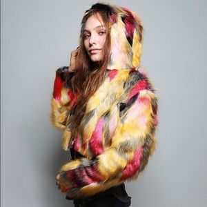 Spirit Hoods Cropped Monarch Butterfly faux fur coat - red yellow black